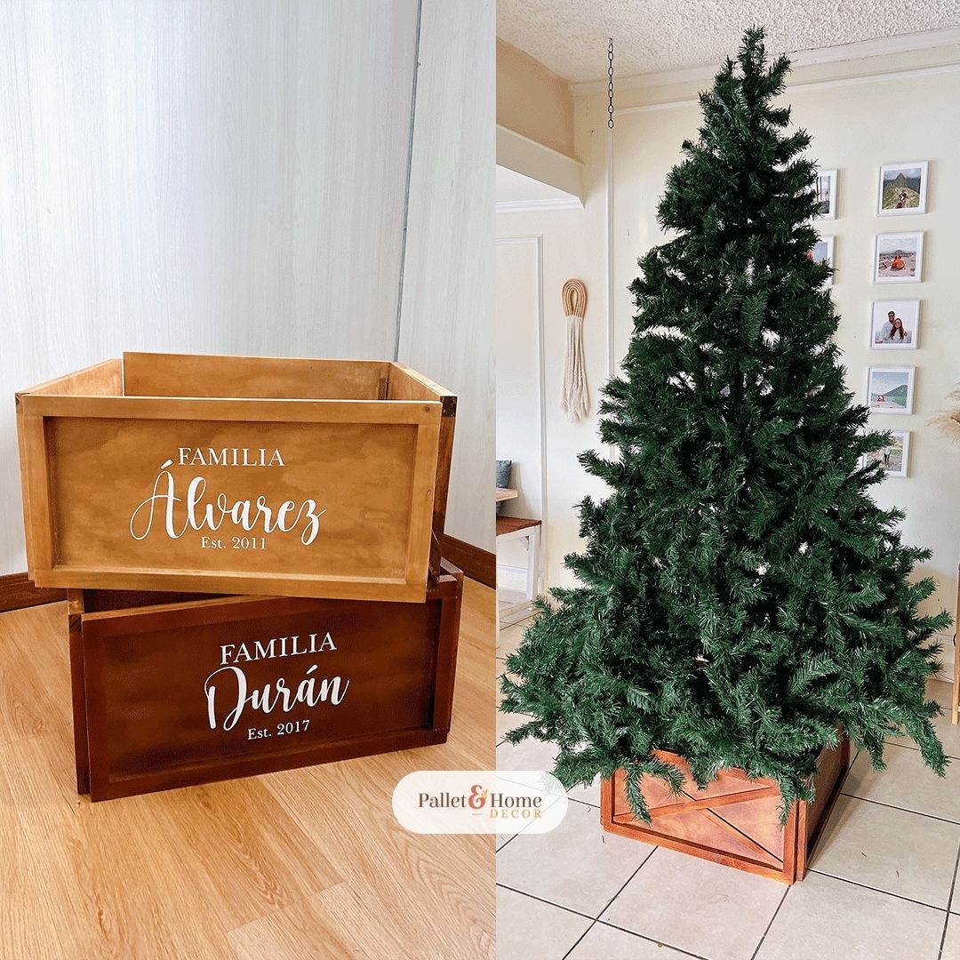 Caja de madera para árbol de navidad. Decoración navideña rústica El Salvador