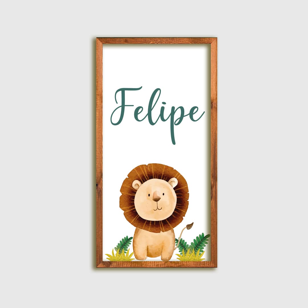 Cuadro decorativo personalizado con el nombre del bebé y la ilustración de un león amigable