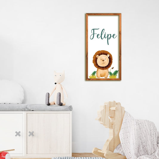 Cuadro decorativo personalizado con ilustración de león amigable para cuarto de bebé