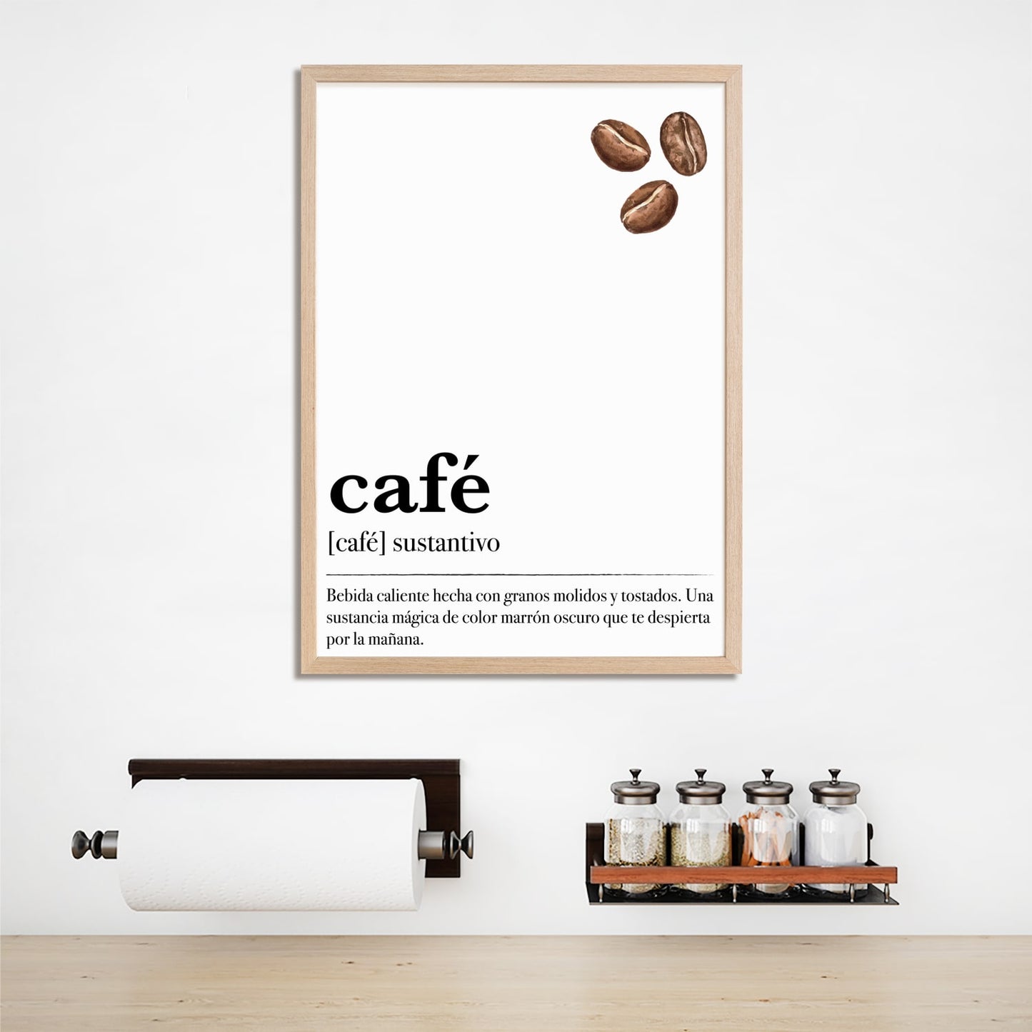 Cuadro decorativo "Café" enmarcado en madera, perfecto para la cocina o el bar de café.