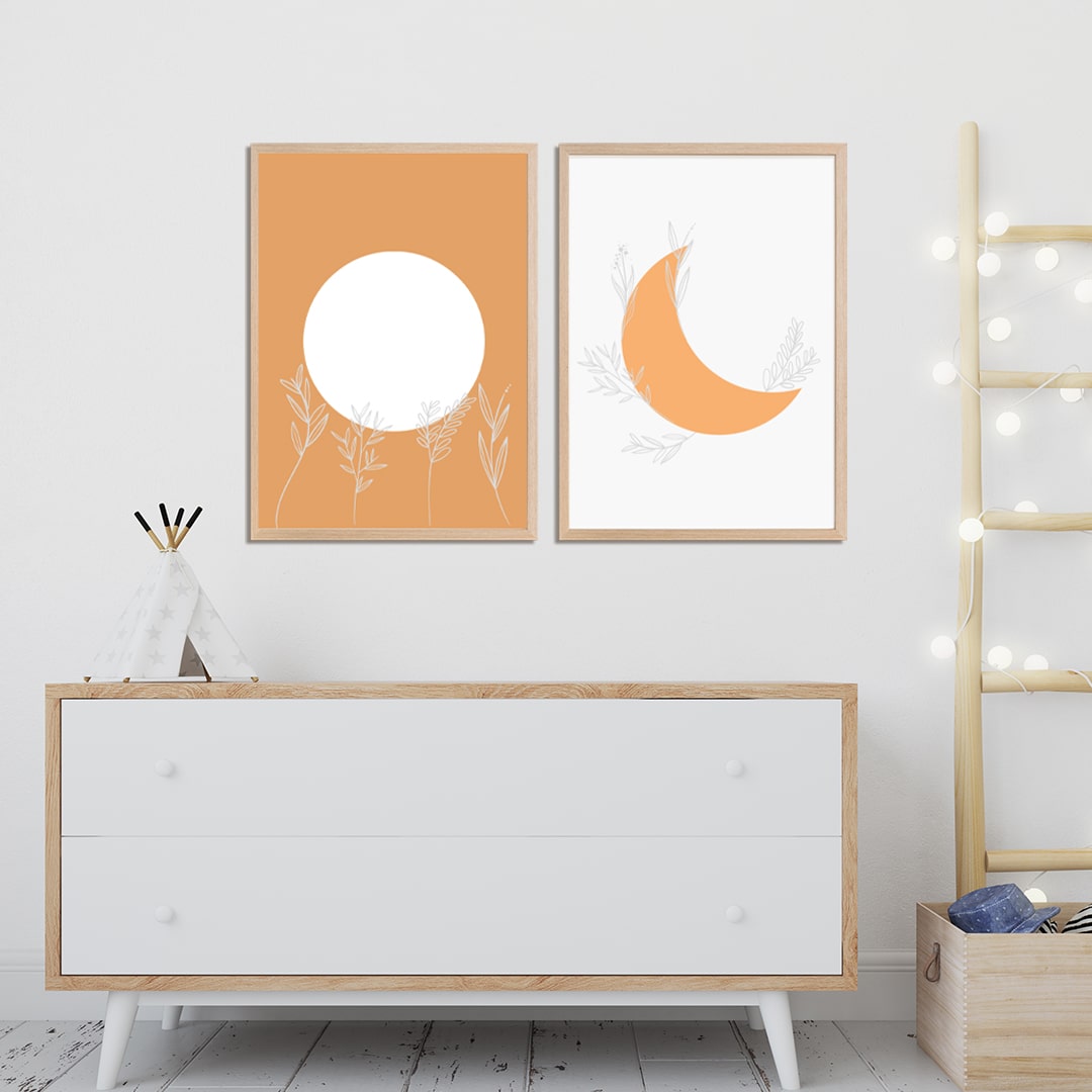 Cuadros para habitación de niños con figuras de sol y luna