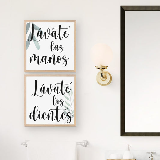 Cuadro de Madera 'Lávate las Manos' con Hojas Decorativas y Letras Llamativas