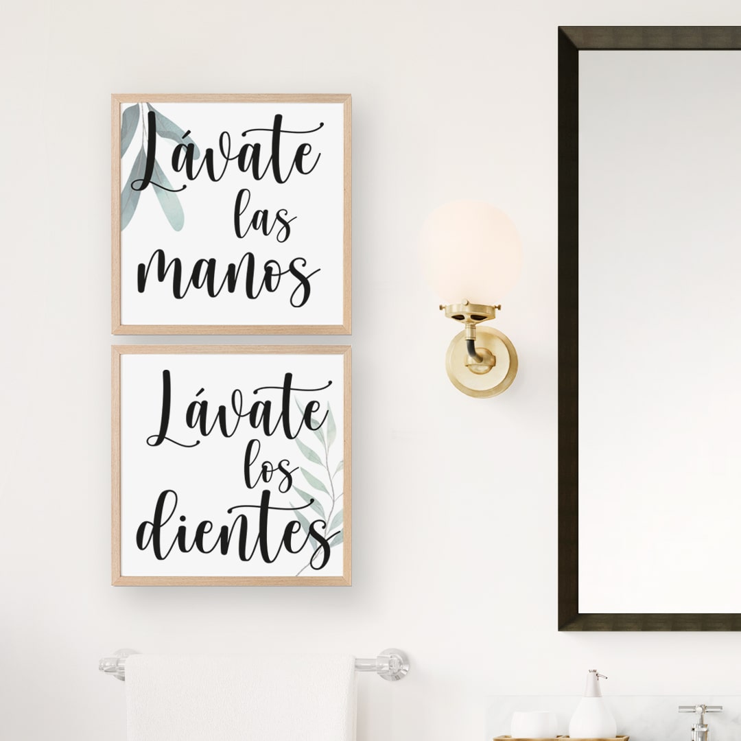 Cuadro de Madera 'Lávate las Manos' con Hojas Decorativas y Letras Llamativas