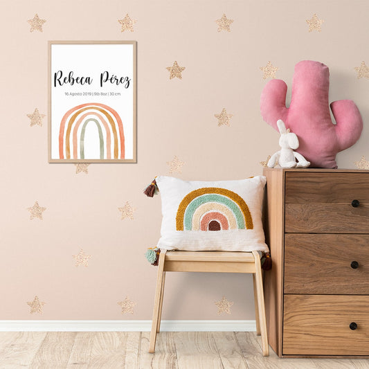 Cuadro decorativo personalizado con nombre, fecha de nacimiento y peso del bebé, con ilustración de arcoíris estilo acuarela