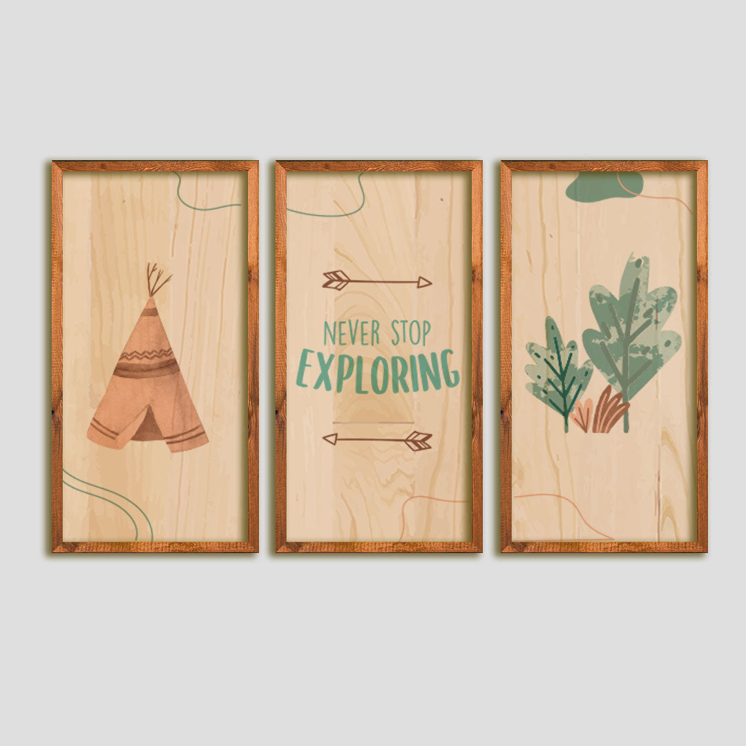 Cuadros en madera de un tepee, plantas, flechas y frase "Never Stop Exploring"