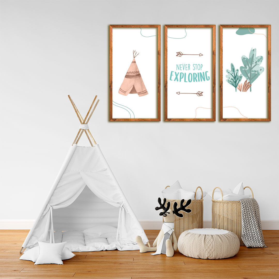 Cuadros decorativos ilustrados para el cuarto de un bebé con concepto explorar.
