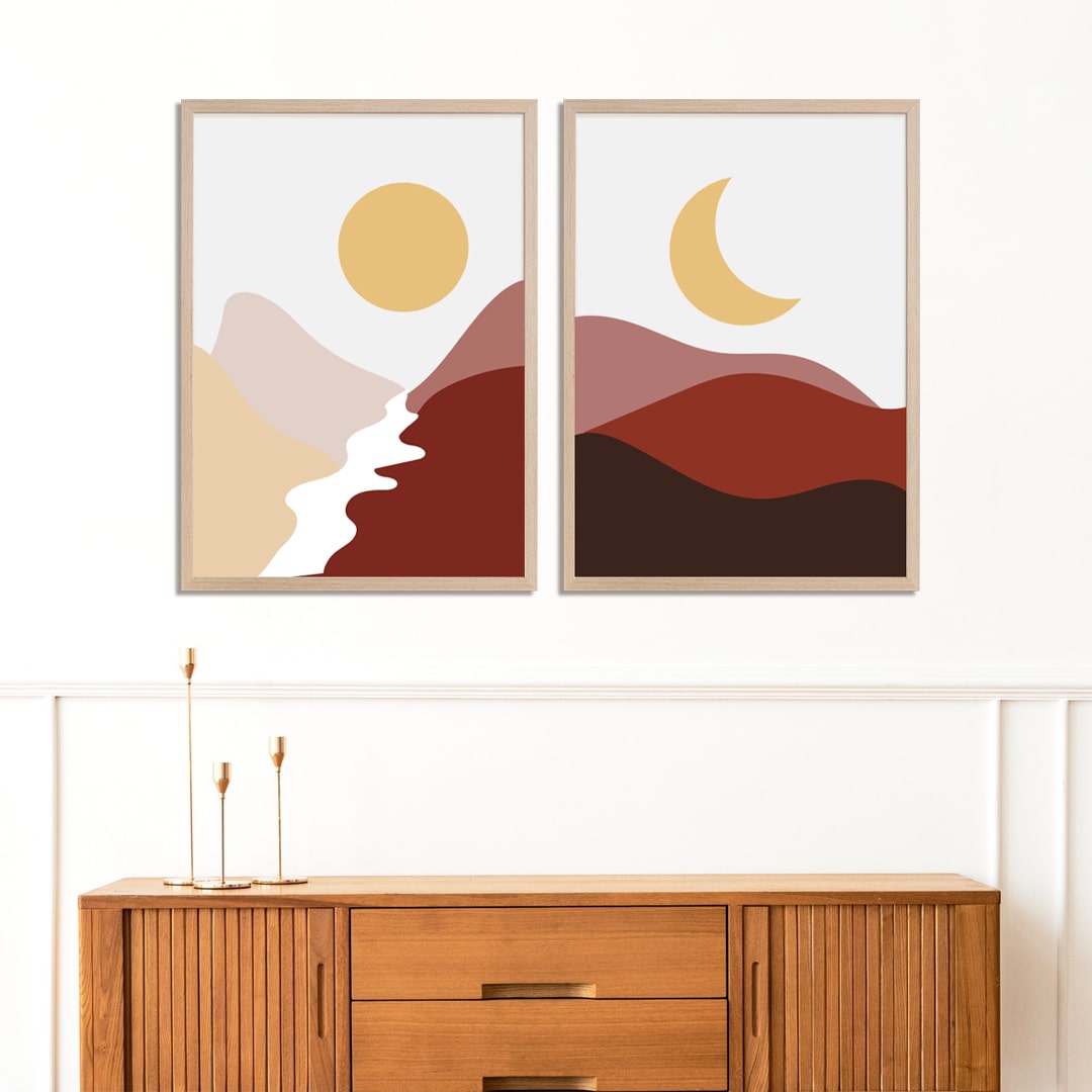 Set de dos cuadros con dibujos de montañas de colores para casa