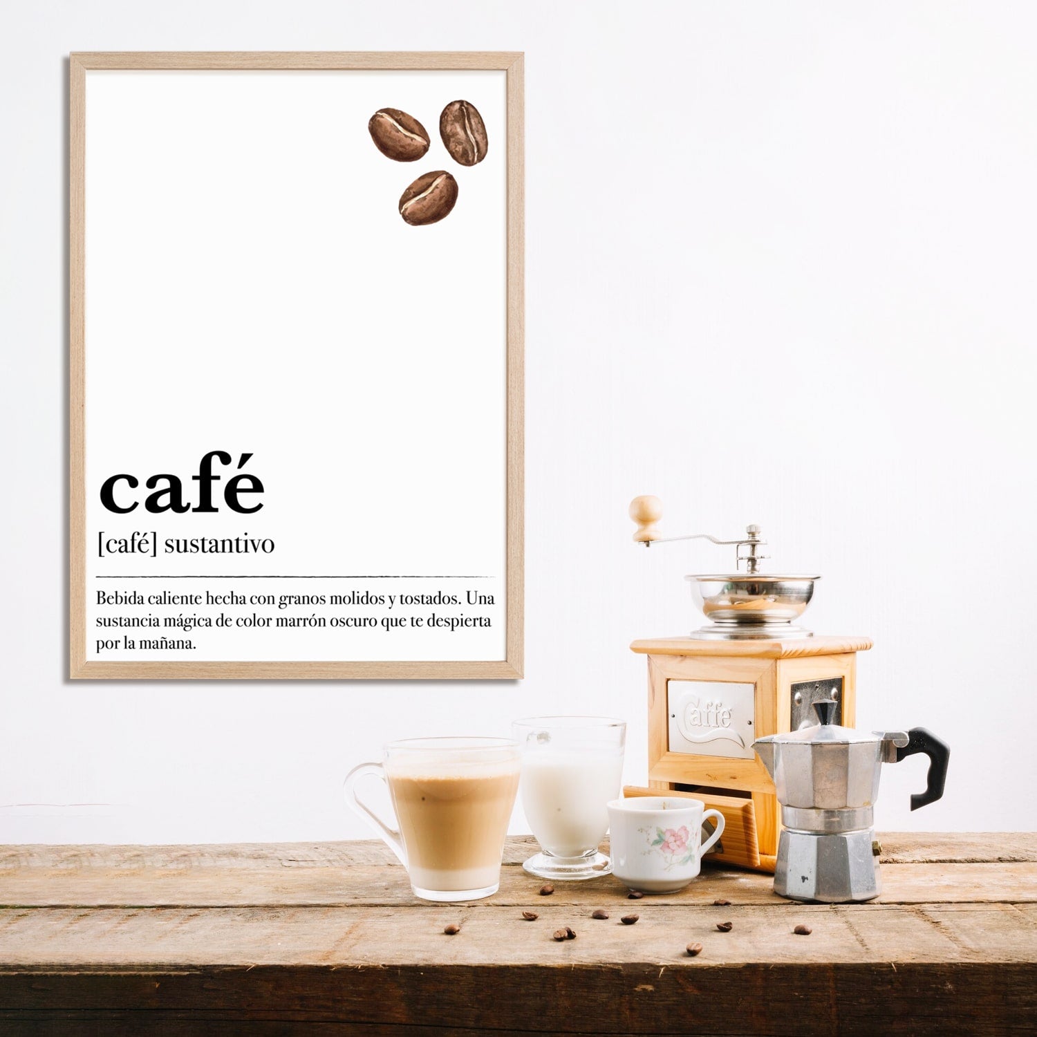 Cuadro decorativo "Café" con definición divertida y granos de café.