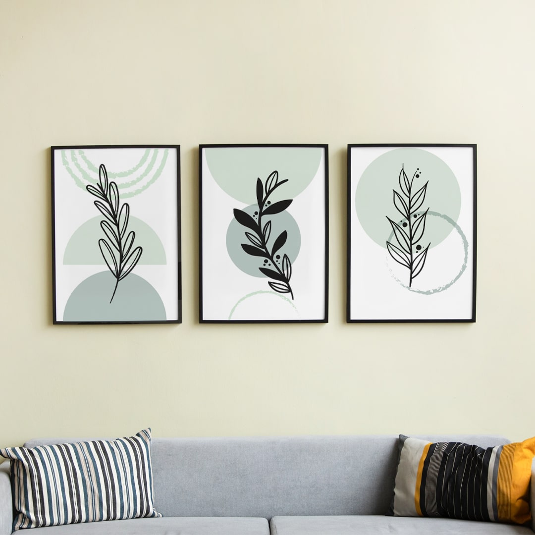 Set de 3 cuadros con estilo rústico y con figuras de hojas