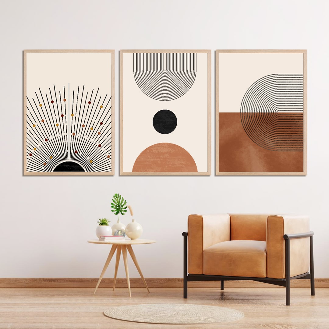 Cuadro decorativo abstracto con diseño lineal y geométrico en tonos terracota para el hogar.